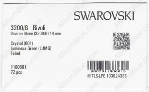 SWAROVSKI 3200/G 14MM CRYSTAL LUMINGREEN F PFRO01 factory pack