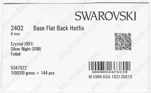 SWAROVSKI 2402 6MM CRYSTAL SILVNIGHT M HF factory pack