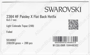SWAROVSKI 2364 6X3.7MM LIGHT COLORADO TOPAZ M HF factory pack